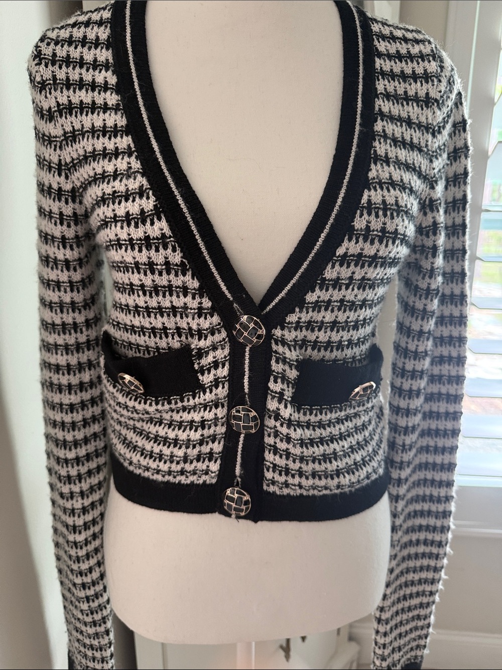 Black & White Knit Houndstooth Cardigan Sweater